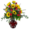 A bright and heartfelt blend of golden sunflowers and classic red roses