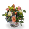Select this spring themed arrangement featuring hydrangea, freesia, and roses arranged in
