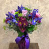 Type of Flowers: Lavender Roses, Blue Iris, Purple Daisies and Green Buttons