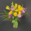 With beautiful golden yellow and deep purple tones, this flower arrangement is