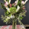 Green hydrangea, bell's of Ireland, calla lilies, pink premium roses, dendrobium orchid
Asian