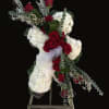 CROSS FILLED WITH CARNATIONS AND RED ROSES