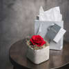 A refined preserved red rose set in a modern stone vase with