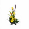 Sunny yellow gerbera daisies and a pair of upright yellow roses create