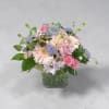 A tender cluster of soft pink roses and pale gerbera daisies creates