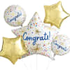 Cluster of congratulatory foil balloons in gold and white