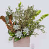 Succulents, bells of Ireland, magnolia leaves, concrete container