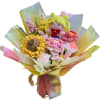 Features a charming assortment of hand-knitted flowers, including sunflowers, roses, and more