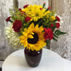 Sunflowers, Daisies or Mums, Hydrangeas, Carnations and Solidago in Red Vase