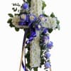 Beautiful purple roses cross funeral arrangement made to express love, respect, and