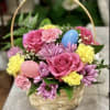 CUTE BASKET OF PLASTIC EGGS, ROSES, DAISIES, CARNATIONS AND FILLERS.
SURE TO BRING