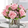 6 Pink Roses arranged in short glass vase - Approx. Height 10"