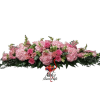 Long pink floral arrangement with roses and hydrangeas