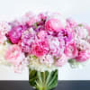 Compact arrangement of pink and white blooms in a clear glass vase