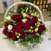 Lisianthus, red roses eucalyptus greenery.