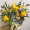 Wood box,yellow roses, solidago,gray leafs,eucalyptus 