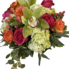 Colorful arrangement of hot pink roses, orange roses, green hydrangeas, and a green orchid