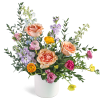 Tutti Frutti features roses, ranunculus, lisianthus, delphinium, stock, and premium foliage arranged