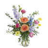 Meadowlite Bouquet features roses, ranunculus, lisianthus, delphinium, stock, and premium foliage arranged
