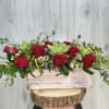 Whitewashed wood box with crimson red roses and succulents. 
Pictures show standard