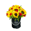 Arrangement of bright yellow sunflowers and red roses in a black hatbox with pearl trim