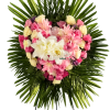 Heart-shaped pink and white flower standing spray with green foliage on a metal easel.