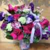 FRESH FLOWERS, ROSES, CARNATIONS, MINI CARNATIONS ETC. DESIGNED IN AN COLORED GLASS