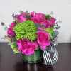 Compact arrangement of hot pink roses and green hydrangeas in a short glass vase with a striped ribbon bow.