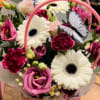Pink and white mixed flower arrangement with gerbera daisies and carnations in a pink handled box with a butterfly decoration.