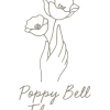 Minimalist logo of a hand holding two poppy-like flowers with the text Poppy Bell Flowers below