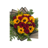 Bouquet of red roses and yellow sunflowers with greenery