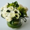 Low arrangement of white ranunculus and anemones with green hydrangea in a clear glass cylinder vase