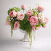 Low arrangement of pink roses and mixed blooms in a white pedestal vase