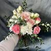 Pink and white rose bouquet with white chrysanthemums and eucalyptus