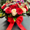 Red &amp; Gold Basket with it's ribbon made up of gold letters