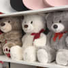 Row of plush teddy bears with red accents displayed on white shelves