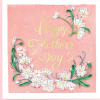 Pink Mother’s Day card with gold script and white daisy-like flowers along the edges