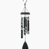 Black hanging wind chime with printed tubes and a bell-shaped clapper