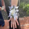 White orchid wrist corsage with white ribbons worn on an arm in a dark sequined dress.