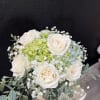 Soft white roses + blue hydrangea with airy greenery; light, beachy feel