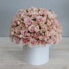 Dome of light pink roses arranged tightly in a white cylindrical box container.