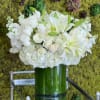 This elegant white arrangement comprises Roses, Tulips, Lilies, Stock, and Hydrangea, beautifully