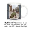 White ceramic mug with vintage-style photo of a child kneeling on a sidewalk and religious text.