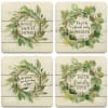Set of four cream coasters with watercolor leaf wreaths and inspirational text