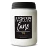 White jar candle with black lid and Raspberry Lane label on the front