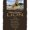 Inspirational lion-themed wall sign with a lion illustration and motivational text on a dark background.