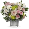 Presented in a shimmering silver moonstone glass vase, this feminine pink rose