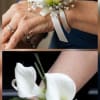 Pure white mini calla lilies gathered into a wrist corsage create an