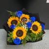 6 Blue Roses 
4 Sunflowers
Paper design will vary but the primary color