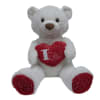 White teddy bear holding a red heart with 